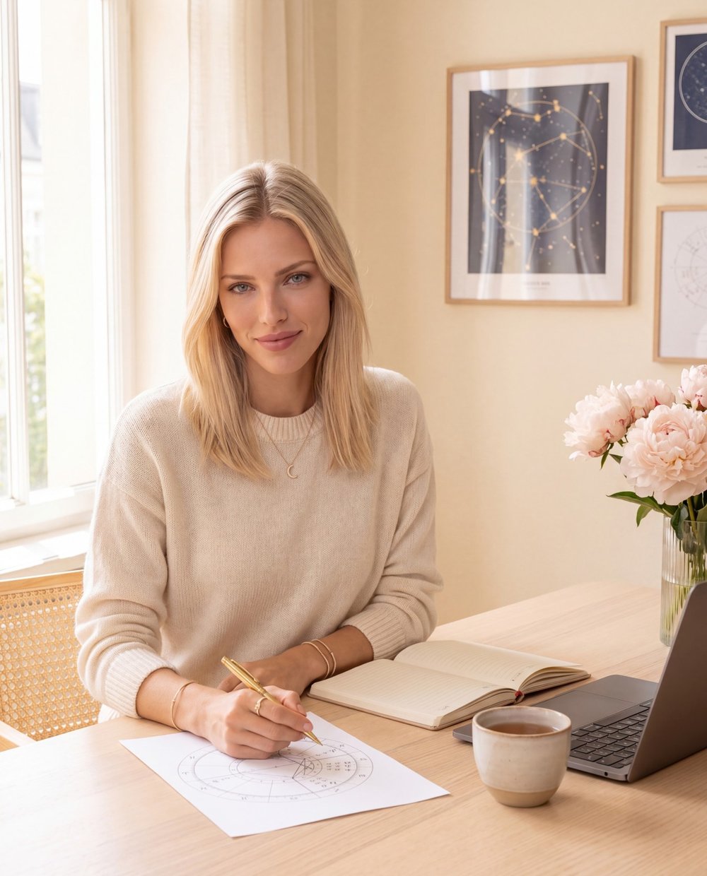 Mila at her desk drawing a birth chart
